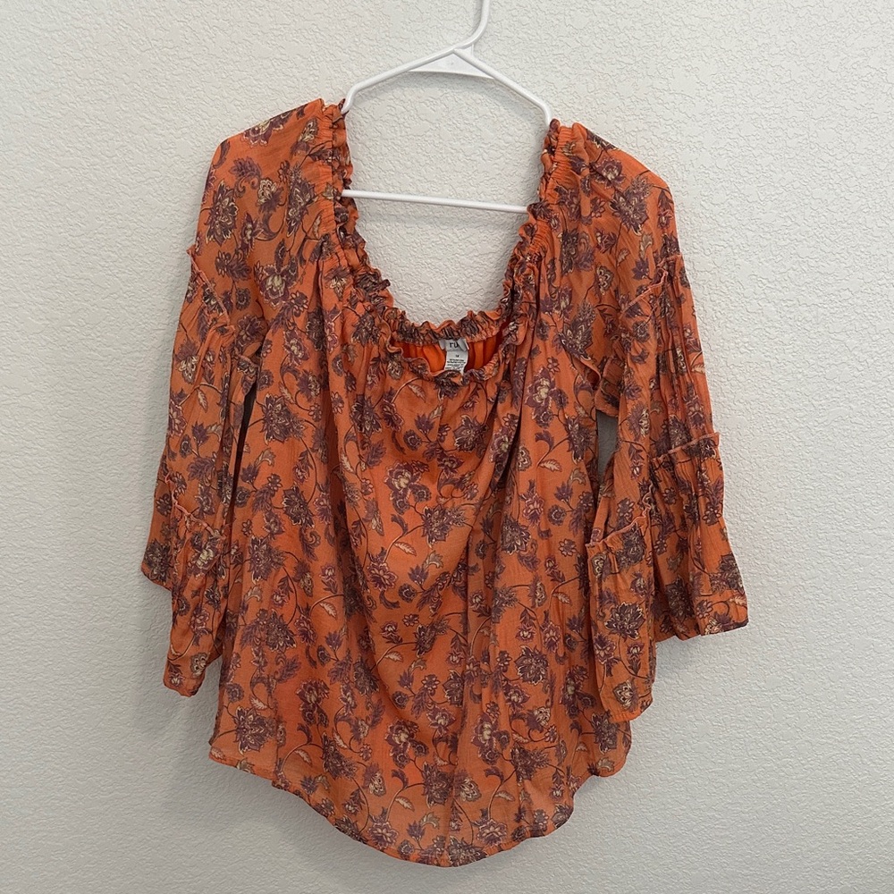 Rue + Orange off shoulder Floral Blouse with Ruffle Accents size 1X